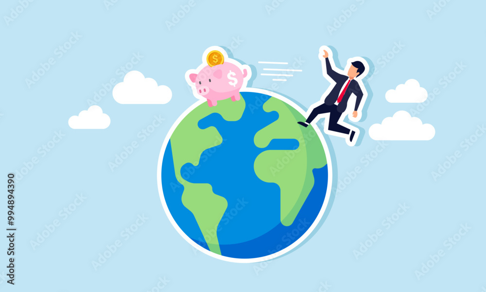 A businessman chasing a piggy bank running around the Earth, an illustration of pursuing investment targets to achieve investment goals. A businessman chasing a piggy bank running around the Earth, an illustration of pursuing investment targets to achieve investment goals.