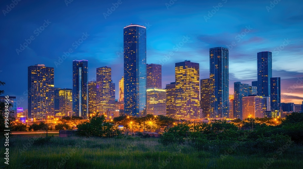 Fototapeta premium A vibrant city skyline at dusk, showcasing glowing skyscrapers against a deep blue sky, reflecting urban life.