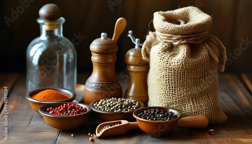 Burlap bag beside bowls of peppercorns and spices, featuring a wooden spoon and glass jar, capturing the essence of flavor and culinary creativity photo