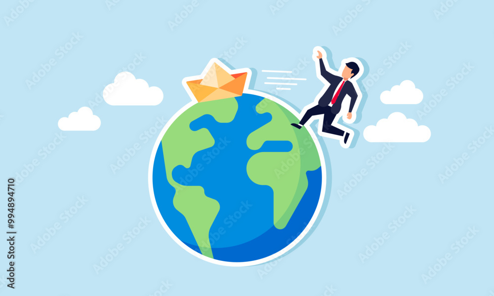 A businessman chasing a paper boat sailing around the Earth, an illustration of catching up in business against a competitor. A businessman chasing a paper boat sailing around the Earth, an illustration of catching up in business against a competitor.