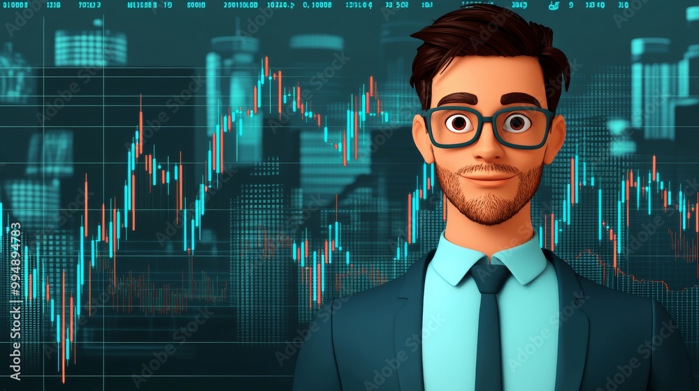 A man in a suit and tie is looking at a graph