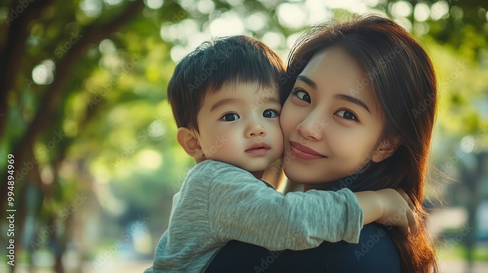 Toddler looks into camera while in mom's arms. Toddler looks into camera while in mom's arms.