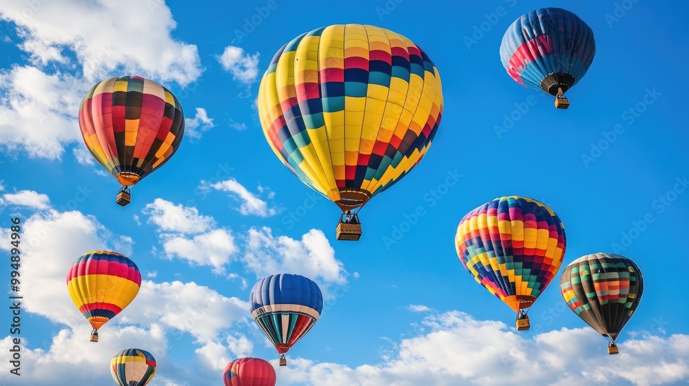 Obraz premium A vibrant scene of colorful hot air balloons rising into the sky during a festival, celebrating the joy of flying