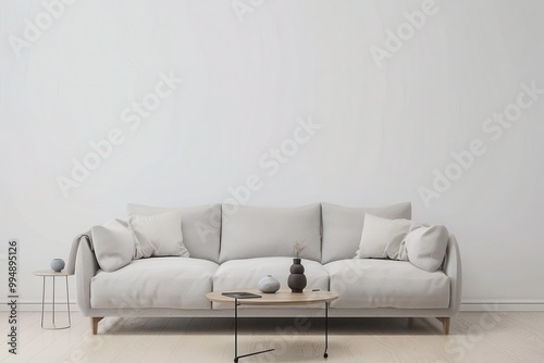 Minimalist living room interior with a comfortable sofa, coffee table, and stylish decor. Perfect for showcasing home furnishings or creating a cozy atmosphere.