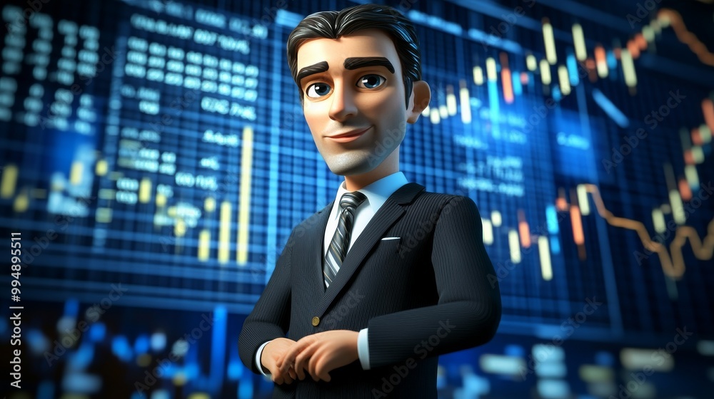 A man in a suit stands in front of a computer screen with a smile on his face A man in a suit stands in front of a computer screen with a smile on his face