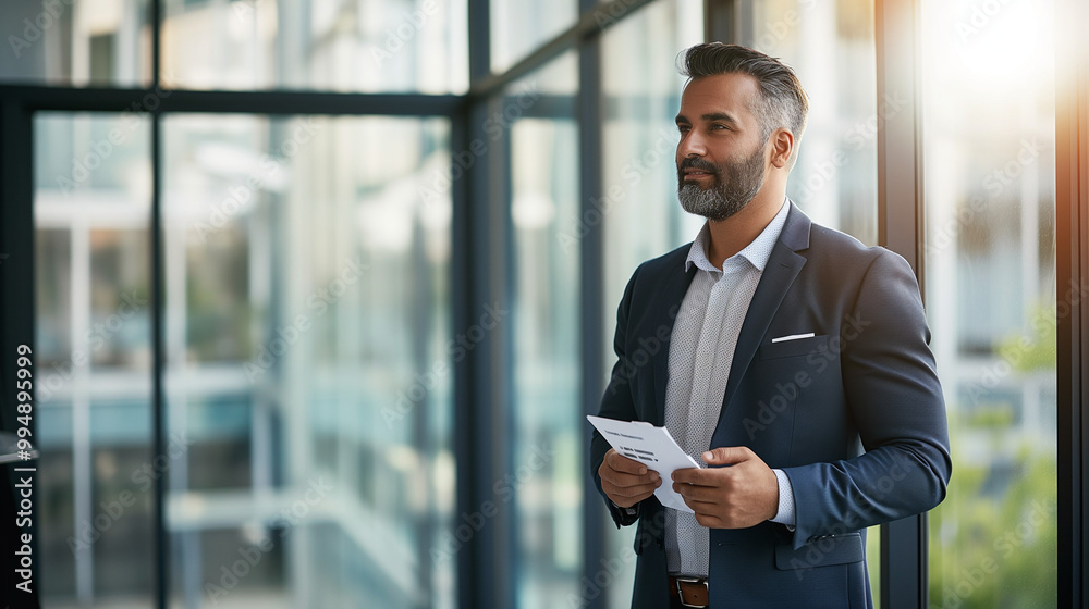 Fototapeta premium Confident businessman in modern office holding notepad with financial tips, exuding success and prosperity in professional environment.
