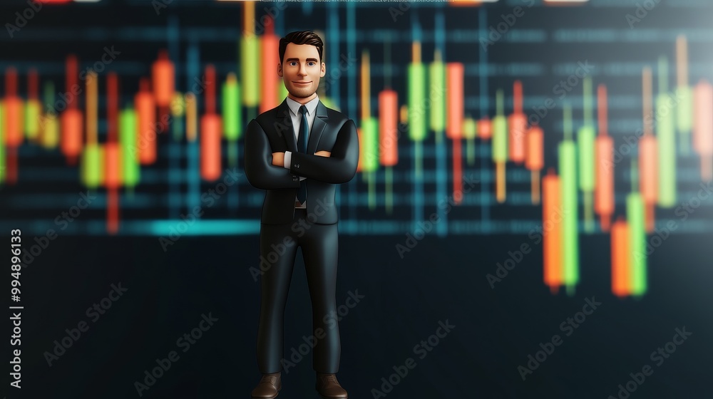 A man in a suit stands in front of a graph with a confident pose A man in a suit stands in front of a graph with a confident pose