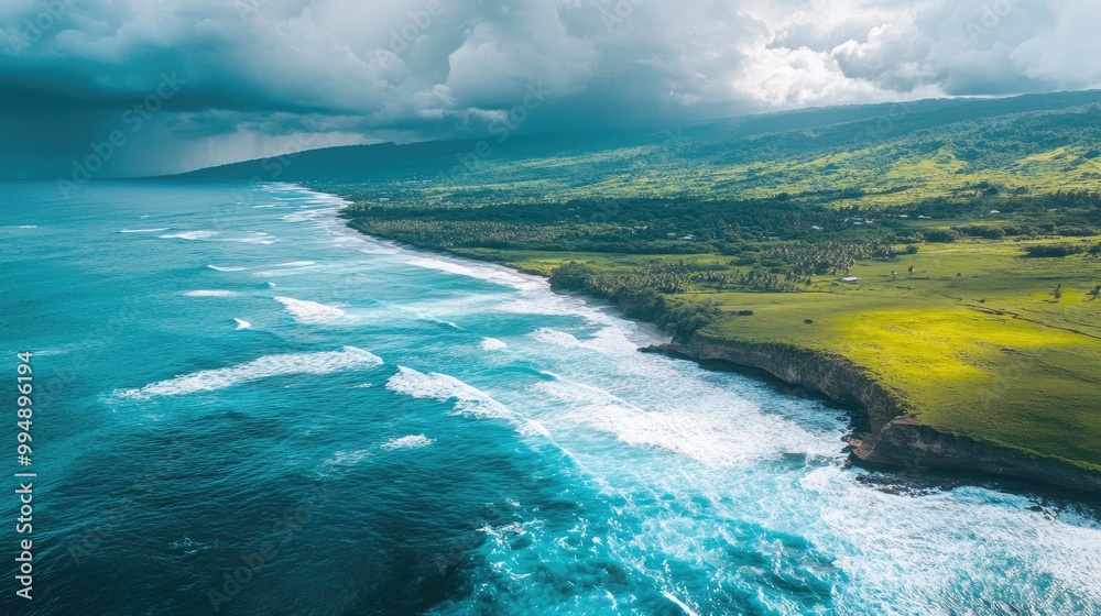 Aerial view of a picturesque coastline with waves crashing against the shore, emphasizing the beauty of flying Aerial view of a picturesque coastline with waves crashing against the shore, emphasizing the beauty of flying