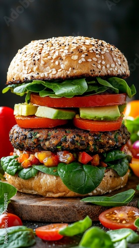 A beautifully stacked veggie burger with a black bean patty, avocado, spinach, and a whole grain bun, surrounded by fresh vegetables photo