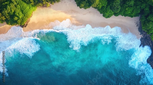Aerial view of a picturesque coastline with waves crashing against the shore, emphasizing the beauty of flying
