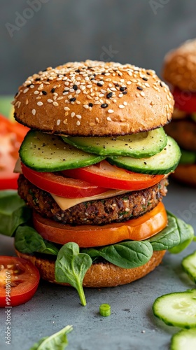 A beautifully stacked veggie burger with a black bean patty, avocado, spinach, and a whole grain bun, surrounded by fresh vegetables photo