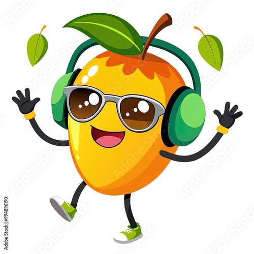 Cute and Funny Dancing Mango With Headphone and glasses. Dancing Mango Illustration on a white background.
