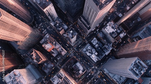 An aerial view of a bustling city skyline with busy streets, capturing the energy and vibrancy of urban living.