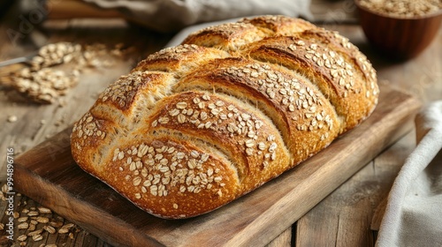 An artisan bread loaf made from whole grains, presented on a wooden cutting board. -