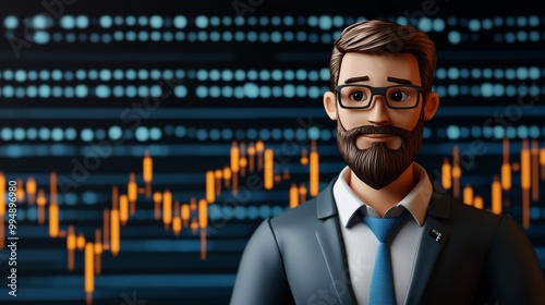 A man in a suit and glasses is looking at a graph