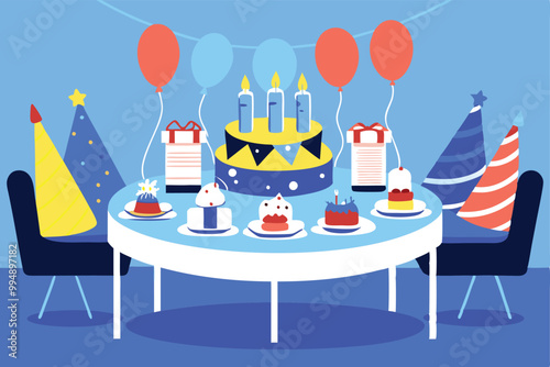 A colorful birthday table setting with a flat cake, candles, party hats, and small cakes.