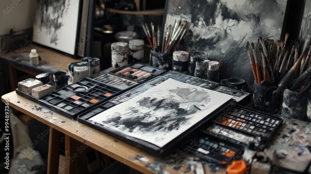 An artist's desk filled with various sketching materials, including charcoal, graphite, and pastels. An artist's desk filled with various sketching materials, including charcoal, graphite, and pastels.