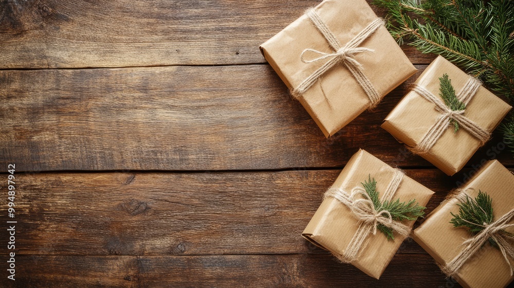 Cardboard boxes tied with twine, arranged on a rustic wooden surface with a natural aesthetic. Cardboard boxes tied with twine, arranged on a rustic wooden surface with a natural aesthetic.