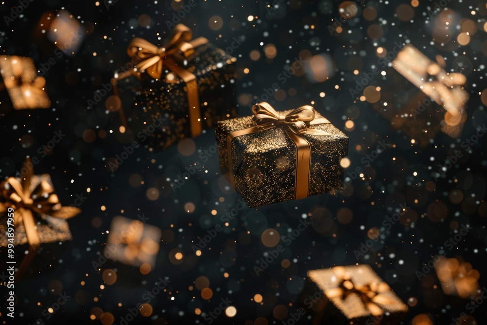Black background with golden glittery gift boxes floating in the air Black background with golden glittery gift boxes floating in the air