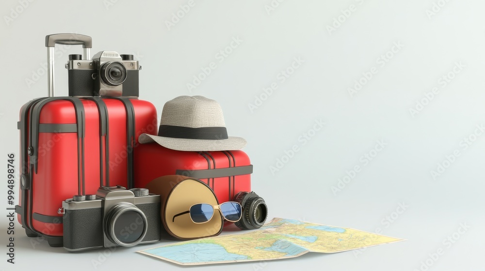 A red suitcase with a white hat and sunglasses on top of it A red suitcase with a white hat and sunglasses on top of it