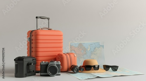 A suitcase, camera, sunglasses, and hat are on a table