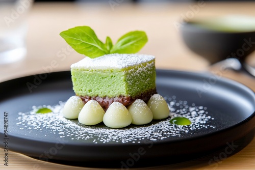 A close-up of a Japanese matcha dessert with red bean paste and mochi, served on a sleek black plate photo