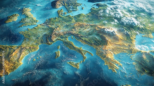 A detailed satellite view of Europe presents the physical map of various European countries.