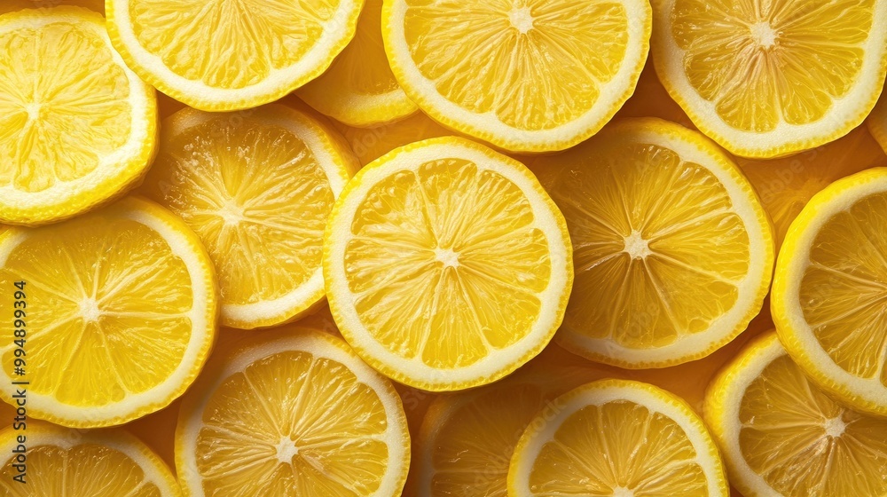 Freshly cut lemon slices arranged in a pattern, with bright yellow and fresh aroma.