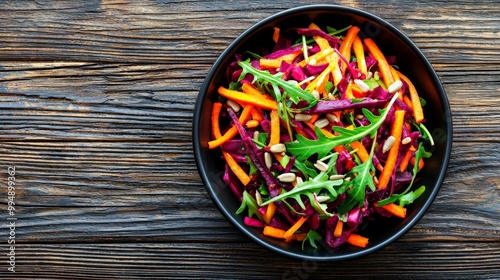 A colorful beetroot and carrot salad with sunflower seeds, arugula, and a tangy citrus dressing, set on a rustic wooden table