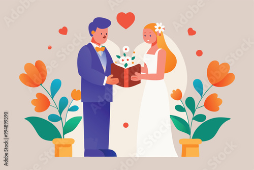 A bride and groom are exchanging vows, surrounded by simple floral decor, including heart shapes and flowers.