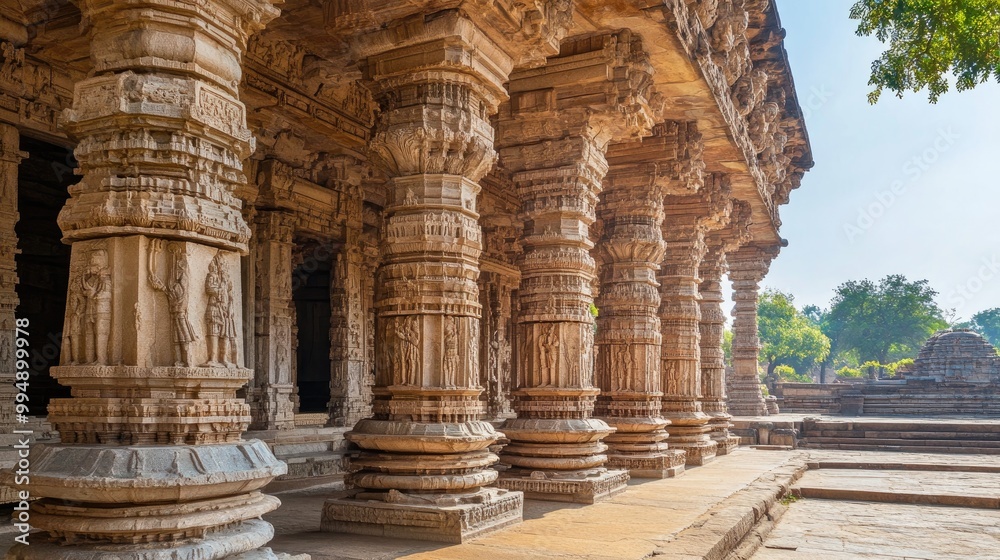 Grand architecture of an ancient temple, with massive columns and intricate carvings under a clear sky. Grand architecture of an ancient temple, with massive columns and intricate carvings under a clear sky.