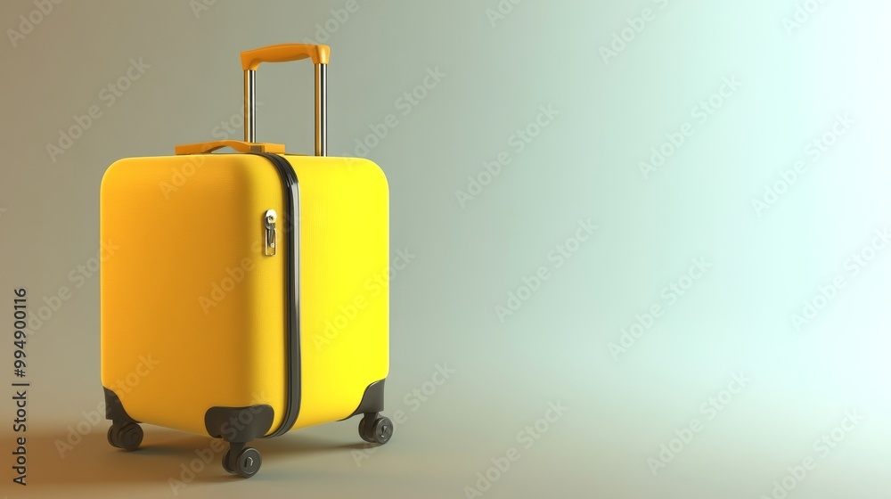 A yellow suitcase with wheels sits on a grey background A yellow suitcase with wheels sits on a grey background
