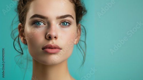 Close-up Portrait of a Young Woman with Blue Eyes Against Turquoise Background - Natural Beauty Concept