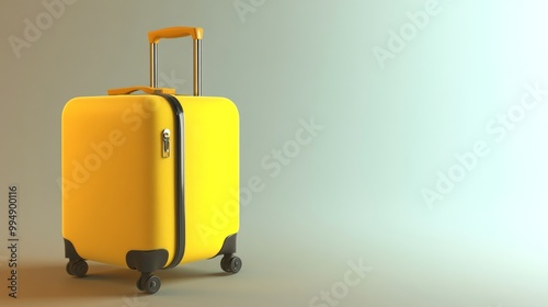 A yellow suitcase with wheels sits on a grey background