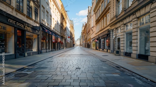 european city street, empty, one point perspective, photography, realistic 