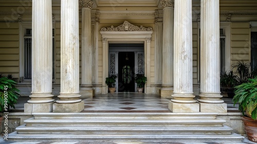 Grand marble entrance to a historical building, with ornate pillars and carved stone details.