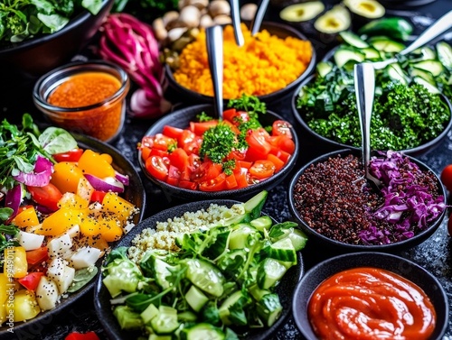 A colorful salad bar with an assortment of fresh vegetables, quinoa, couscous, and an array of dressings, laid out in a vibrant, modern buffet setting photo