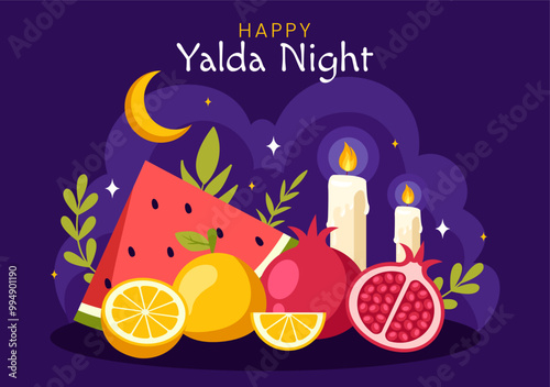 Happy Yalda Night Vector Illustration of an Iranian Festival, featuring a Watermelon Slice, Pomegranate, Candles, and Lemon in a Flat Background