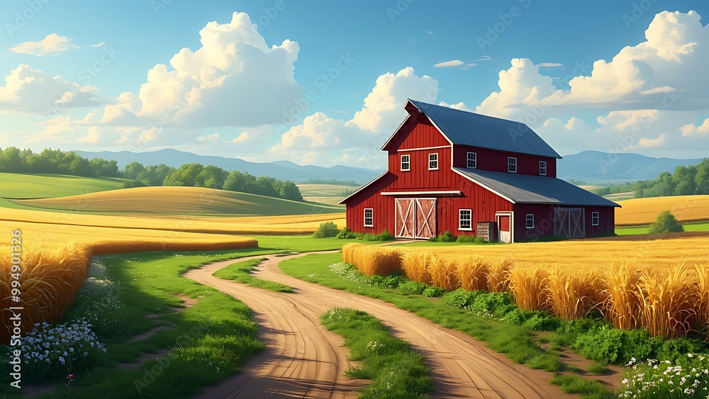 A scenic barn nestled amidst vast fields, capturing the essence of rural tranquility. The perfect backdrop of green pastures, blue skies, and rustic charm for farm life visuals. A scenic barn nestled amidst vast fields, capturing the essence of rural tranquility. The perfect backdrop of green pastures, blue skies, and rustic charm for farm life visuals.