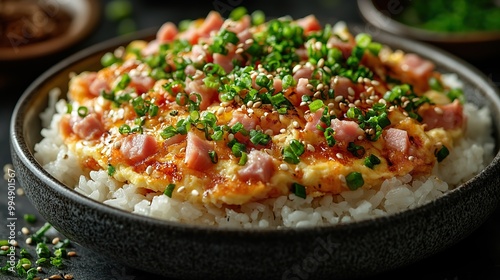 A homemade Japanese scrambled eggs omelette with ham is served on hot rice, presented on a plate.