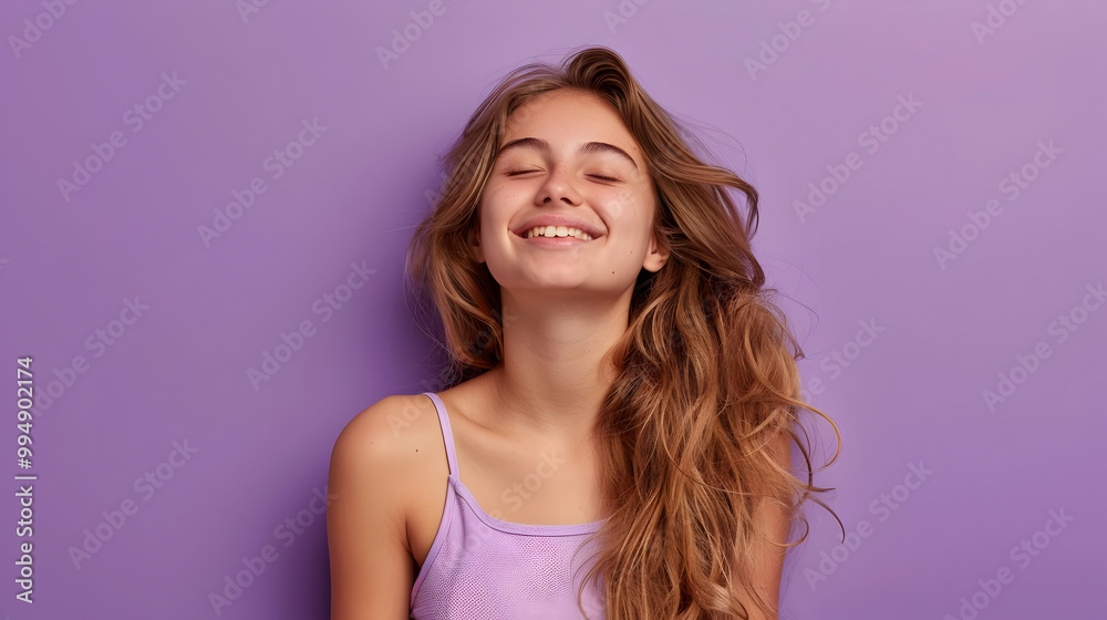 Carefree Young Woman Smiles with Closed Eyes Against Purple Backdrop Carefree Young Woman Smiles with Closed Eyes Against Purple Backdrop