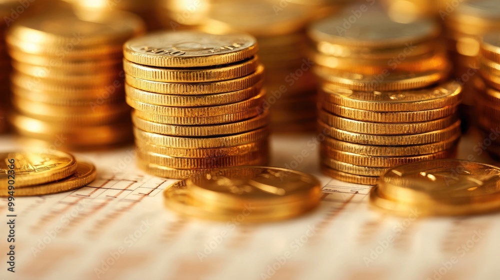 Neatly arranged stacks of gold coins on a financial ledger, symbolizing organized wealth. Neatly arranged stacks of gold coins on a financial ledger, symbolizing organized wealth.