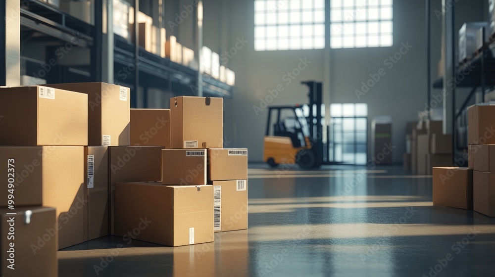 Neatly packed cardboard boxes in a modern warehouse, with a forklift in the background. Neatly packed cardboard boxes in a modern warehouse, with a forklift in the background.