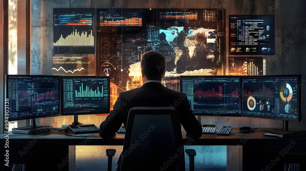 Businessman Working at Desk with Multiple Monitors Displaying Financial Data Businessman Working at Desk with Multiple Monitors Displaying Financial Data
