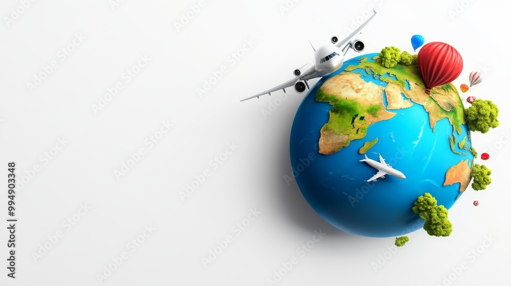 A globe with a plane and a hot air balloon on it A globe with a plane and a hot air balloon on it