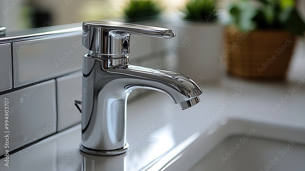 A silver faucet on a white tiled floor. A silver faucet on a white tiled floor.