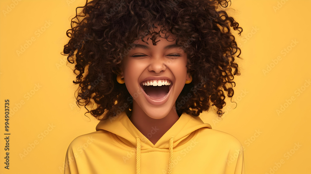 Young Woman with Curly Hair Laughs with Eyes Closed on Yellow Background Young Woman with Curly Hair Laughs with Eyes Closed on Yellow Background