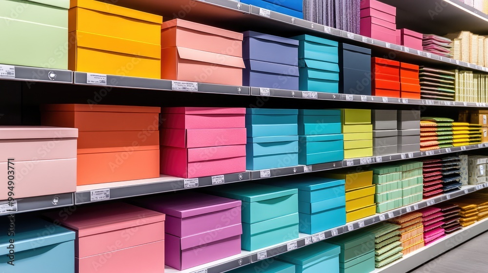 Fototapeta premium Rows of colorful boxes in a retail store, neatly stacked and organized on display shelves.