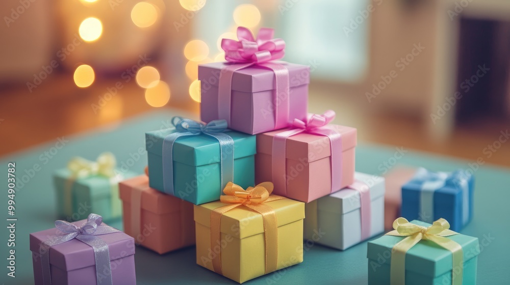 Obraz premium Small colorful gift boxes with ribbons arranged in a pyramid shape on a festive table.