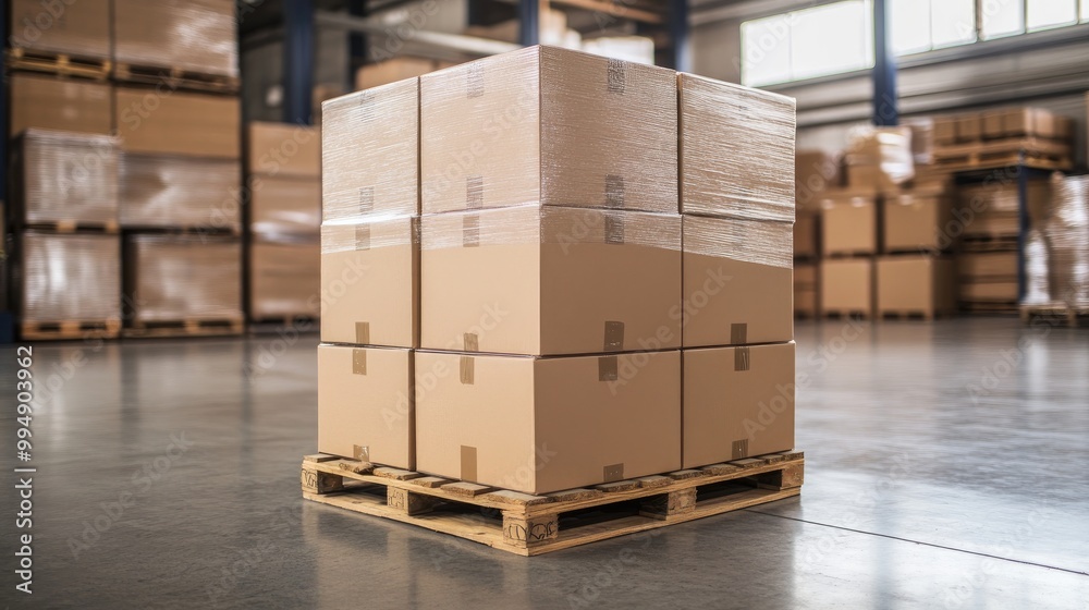 Stacked cardboard boxes ready for shipment, placed on a wooden pallet in a bright warehouse setting. Stacked cardboard boxes ready for shipment, placed on a wooden pallet in a bright warehouse setting.